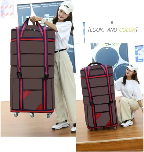 Vista 6 de ELDA Maleta plegable expandible para hombres y mujeres, bolsas de viaje con ruedas universales, equipaje ligero de gran capacidad, Marrón, Correas
