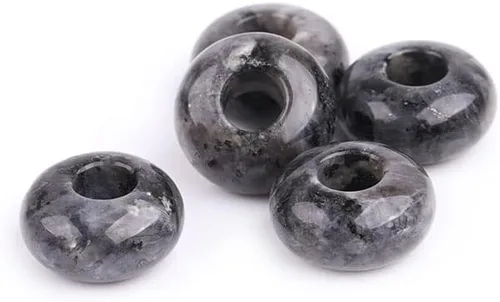 Vista 2 de JOE FOREMAN 10 piezas de piedra larvikita negra de 0.555 pulgadas (0.551 in), agujero grande, agujero grande, cuerda de paracaídas, cuentas