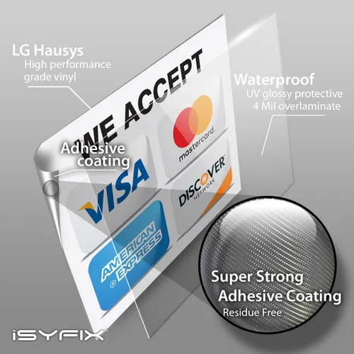 Vista 3 de iSYFIX Calcomanías adhesivas para tarjetas de crédito, 4 unidades de 7 x 6 pulgadas, aceptamos Visa, MasterCard, Amex & Discover, vinilo