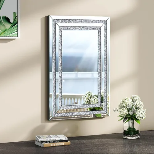 Vista 2 de Espejo de baño rectangular con diamantes de cristal de 36 x 24 Vidrio templado HD
