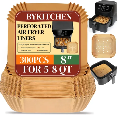Vista 10 de BYKITCHEN Forros cuadrados para freidora de aire de 2 a 5 Qt, juego de 100, papel de pergamino perforado pequeño de 8 pulgadas para mini freidora