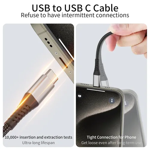 Vista 5 de Cable corto USB a USB C, paquete de 2 cables USB C de 1 pie, trenzado corto de 12 pulgadas, cable USBC de 3A de carga rápida para iPhone 17, 16, 15
