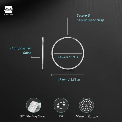 Vista 13 de Amberta® Aretes de plata de ley 925 con círculos finos y sin fin. Tamaño del diámetro: 20 30 40 60 2.953 in