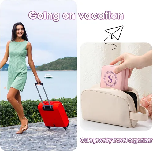 Vista 4 de Joyero de viaje personalizado con espejo, organizador de joyas pequeño, regalo ideal con monograma para mujeres y adolescentes, soporte de joyería