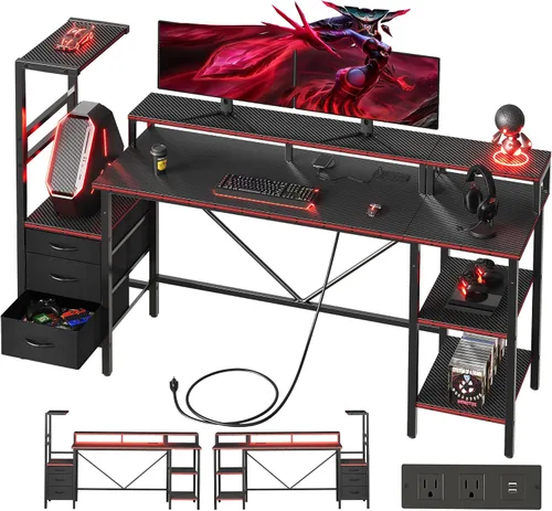 Vista 52 de Mericonia Escritorio para juegos de 52 pulgadas con cajones, escritorio reversible para computadora, color negro