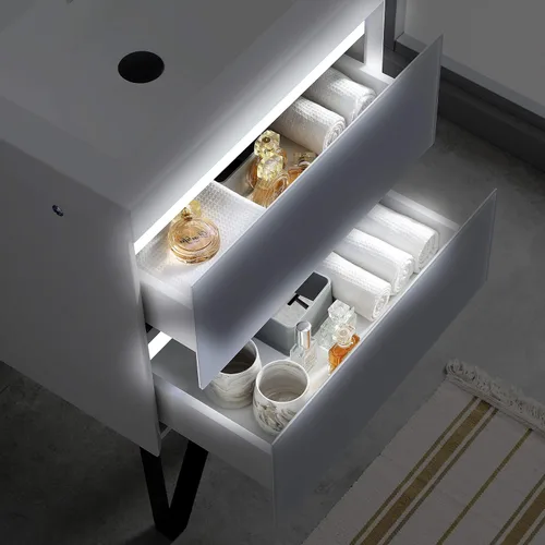 Vista 6 de Blossom Tocador de baño LED de 24 pulgadas – Tocador flotante montado en la pared con luces – 100% impermeable PVC de grado marino – Moderno