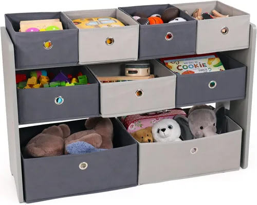 Vista 4 de Humble Crew Organizador de almacenamiento de juguetes con 9 cubos de tela extraíbles, gris claro/gris, organizador de juguetes de primera calidad