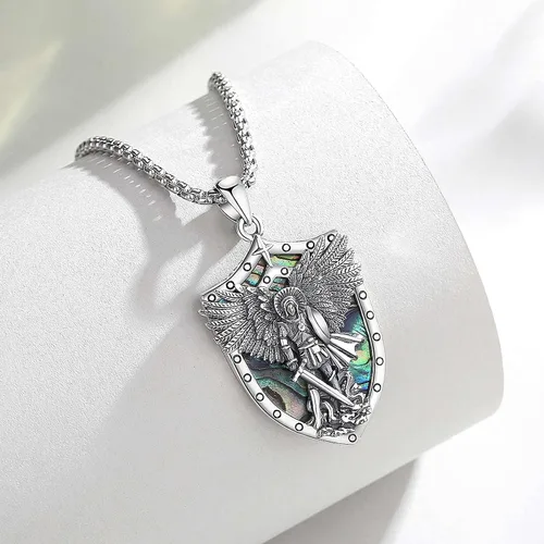 Vista 2 de AEONSLOVE Collar de San Miguel para hombres y mujeres, plata de ley 925, colgante de arcángel de San Miguel con madreperla de San Miguel collar