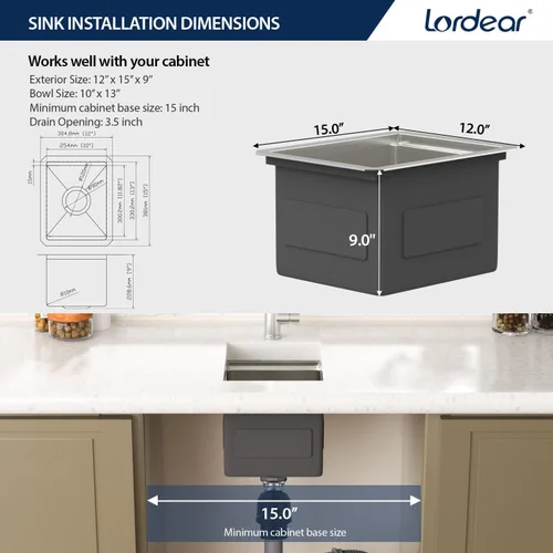 Vista 8 de Lordear - Fregadero de barra de 12 pulgadas bajo montaje, estación de trabajo, calibre 16, T304, 12 x 15, acero inoxidable, fregadero de cocina