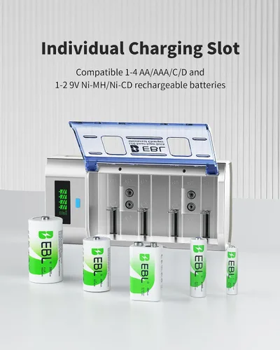 Vista 2 de EBL Cargador de batería inteligente universal con función de descarga – Cargador rápido de múltiples compartimentos para baterías C D AA AAA 9V