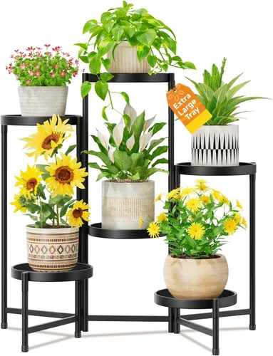 Vista 10 de LASZOLA Soporte plegable para plantas de interior de 7 niveles para múltiples macetas grandes, estante ajustable alto y resistente con bandeja de 10