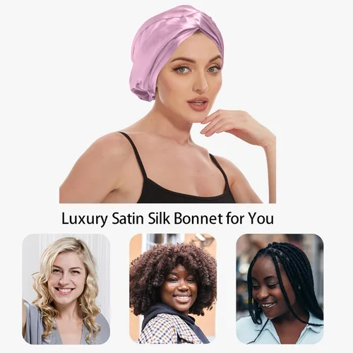 Vista 101 de Gorro de satén de seda ajustable para envolver el cabello para dormir, gorro de dormir de doble capa, turbante nocturno para cabello largo y rizado