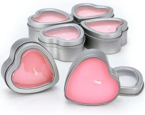 Vista 11 de Velas perfumadas de cera de soja con forma de corazón, 6 unidades Lata de viaje de metal plateado de 6 horas de tiempo de combustión para spa