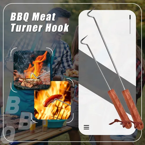 Vista 5 de 2 ganchos giratorios de acero inoxidable para barbacoa, ganchos de barbacoa para cocinar, accesorios de parrilla con mango de madera para asar
