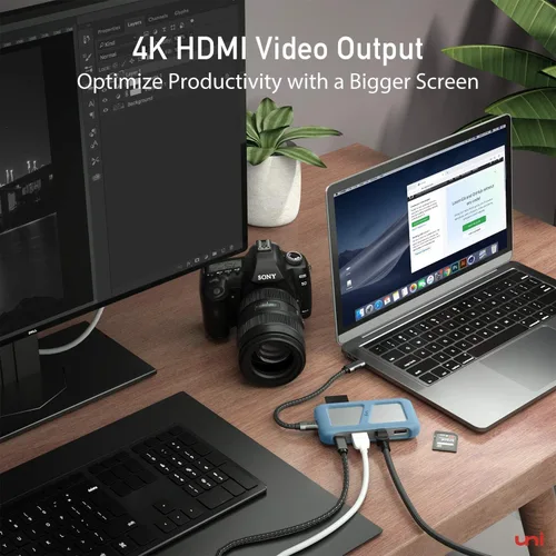 Vista 5 de uni Adaptador multipuerto USB C Hub con cable desmontable, concentrador USB C 8 en 1 con HDMI 4K, Ethernet de 1 Gbps, lector de tarjetas SD, 100 W