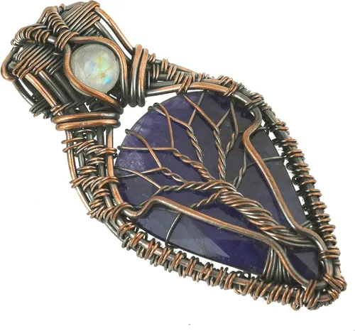 Vista 8 de Impresionante collar con colgante de árbol de la vida de cobre con piedras preciosas hechas a mano y cadena de 20 pulgadas, perfecto