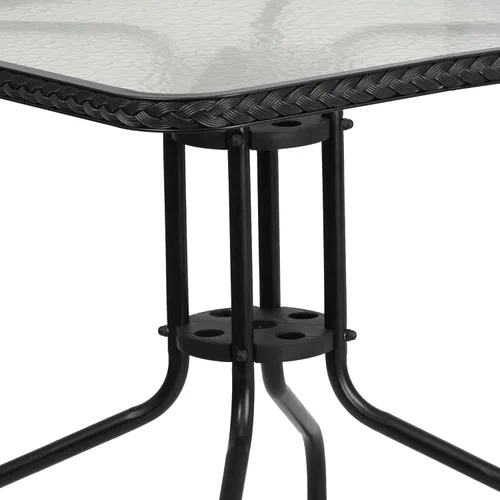 Vista 5 de Flash Furniture Lila Mesa Cuadrada de Vidrio y Metal de 28'' con Bordes de Ratán Negro y 2 Sillas Apilables de Ratán Negro