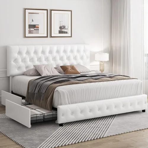 Vista 10 de Keyluv - Base de cama tapizada moderna con 4 cajones, diseño de cabecera con botones, soporte de listones de madera maciza, fácil montaje, tela