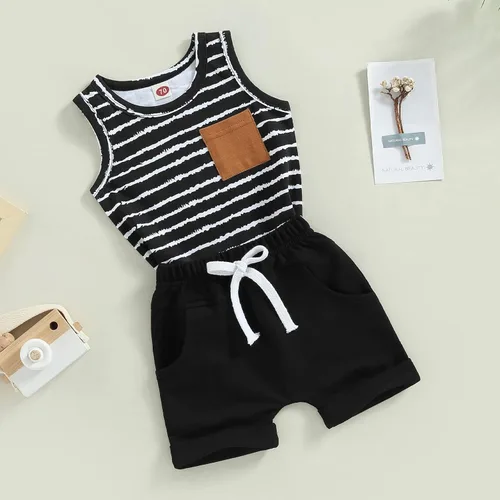 Vista 7 de Conjunto de ropa de 2 piezas con bolsillo a rayas y cordón enrollado para bebé niño