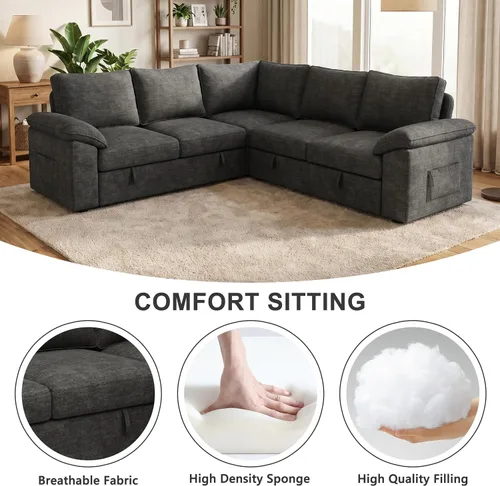 Vista 5 de Sofá modular de 85 pulgadas con cama extraíble, sofá modular de 5 asientos en forma de L con almacenamiento, sofás seccionales para sala de estar