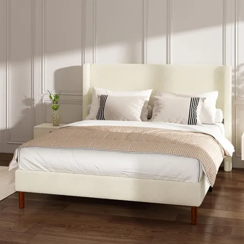 Vista 3 de Base de cama matrimonial, plataforma tapizada Boucle con cabecera con respaldo de alas, fuerte soporte de listones de madera, base de colchón sin