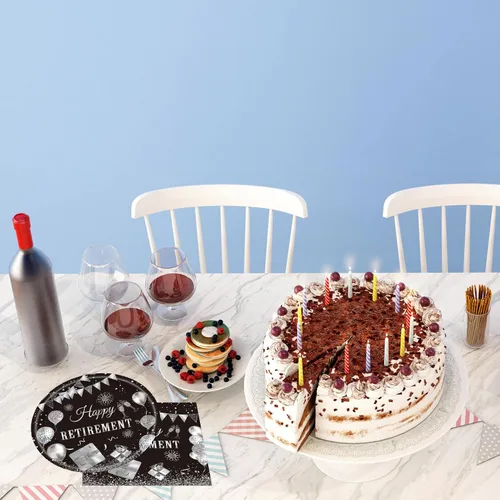 Vista 5 de Juego de 40 piezas de vajilla desechable para fiestas de jubilación para hombres y mujeres, color negro y plateado, incluye platos de jubilación