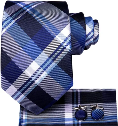 Vista 226 de Hi-Tie Corbata clásica de cachemira para hombre con pañuelo y gemelos a cuadros
