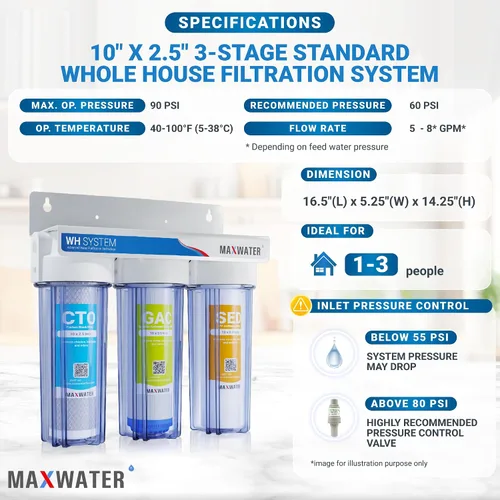Vista 2 de Max Water Sistema de filtración de agua estándar de 3 etapas (bueno para agua de la ciudad) de 10 pulgadas para toda la casa – Sedimento + GAC + CTO