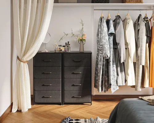 Vista 5 de AODK - Cómoda para dormitorio con 4 cajones de almacenamiento, cómoda pequeña de tela con marco de acero resistente, color negro Cómoda de tela