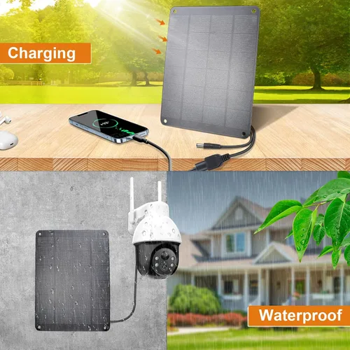 Vista 4 de Panel solar con gancho de metal, módulo monocristalino de alto rendimiento de 5V 6W con salida USB-A hembra y DC macho, panel impermeable