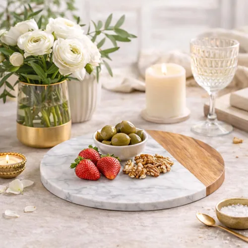 Vista 8 de Tabla de mármol blanco - Tabla de quesos Bandeja de madera de acacia para charcutería, queso, carnes, frutas, galletas Tabla de cortar, bandeja