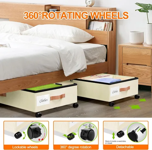 Vista 4 de Almacenamiento debajo de la cama con ruedas, paquete de 2 contenedores de almacenamiento debajo de la cama con tapas transparentes, XXL 65L debajo