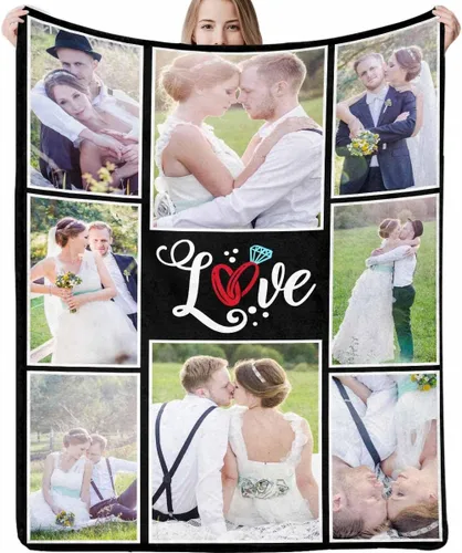 Vista 20 de Manta de fotos personalizada, manta de pareja de boda, con texto en inglés «He Asked And She Said Yes», 4 fotos, manta de boda, regalo romántico