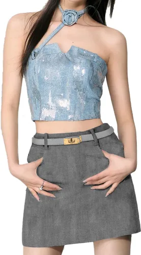 Vista 384 de Cinturón de cuero clásico con hebilla de metal para mujer con vestido de jeans