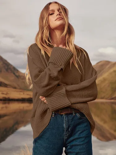 Vista 147 de LOGENE Suéter de gran tamaño para mujer, cuello redondo, manga larga, suave, mullido, suéter de punto 2025 para otoño e invierno
