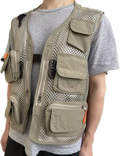 Vista 7 de Chaleco de malla transpirable con múltiples bolsillos para hombre, viajeros al aire libre, pesca con mosca, fotografía