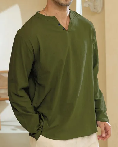Vista 7 de Angbater Camiseta casual de lino Henley de manga corta para hombre, camiseta hippie de playa, camiseta ligera tropical para verano