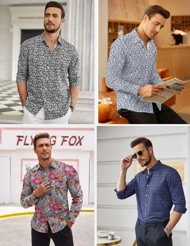 Vista 7 de COOFANDY Camisas de vestir florales para hombre, manga larga, ajuste regular, camisas casuales con botones