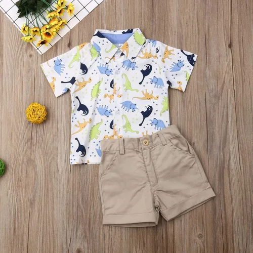 Vista 63 de Conjunto de camisa de manga corta con botones y pantalones cortos casuales con diseño de flamingo, para bebés y niños de 1 a 6 años, atuendos
