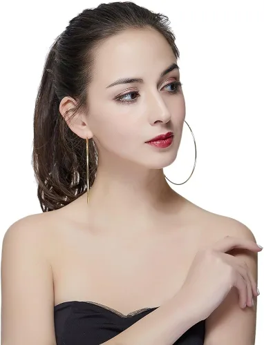 Vista 5 de Aretes de aro de baloncesto hipoalergénicos extra grandes para mujeres y hombres, aretes de aro grandes y finos, Metal, No es una piedra preciosa