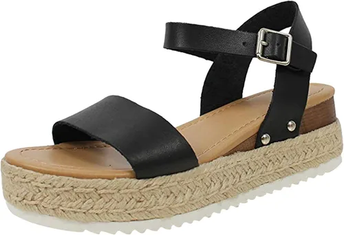 Vista 5 de Sandalias de cuña para mujer, alpargatas casuales con puntera abierta, correa de hebilla en el tobillo, sandalias de plataforma impermeable