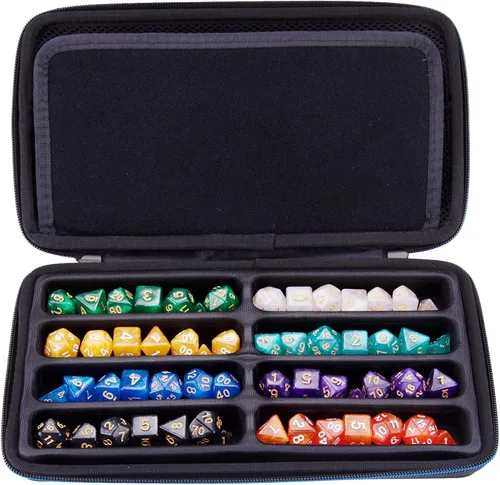 Vista 3 de SIQUK Estuche para dados DND, estuche organizador de dados con asa, bandeja ranurada extraíble con capacidad para 8 juegos de dados DND para Azul
