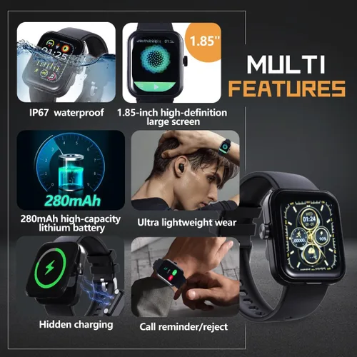 Vista 3 de Reloj inteligente con auriculares, pantalla HD de 1.85 pulgadas para hombres, reloj Bluetooth 2 en 1 con monitor de sueño, frecuencia cardíaca