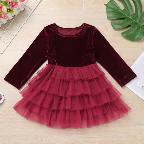 Vista 4 de Vestido de tutú de tul escalonado de terciopelo de manga larga para otoño e invierno para niñas y niñas
