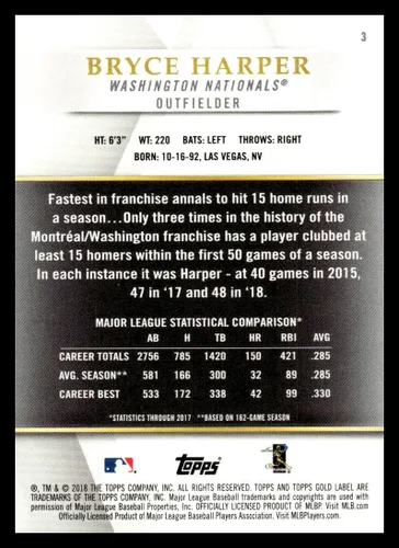 Vista 2 de 2018 Topps Gold Label Class 1#3 Bryce Harper NM-MT Washington Nationals Baseball Trading Card