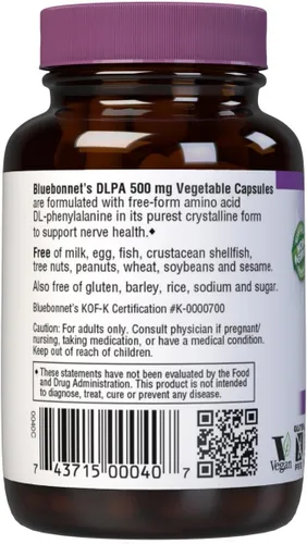 Vista 3 de Bluebonnet Nutrition DLPA (DL-fenilalanina) 500 mg, aminoácido de forma libre, para apoyo del sistema nervioso, sin soja y gluten, sin OMG, kosher