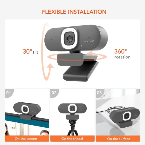 Vista 8 de NUROUM Cámara web de transmisión V15-AFL con luz de anillo, cámara web de enfoque automático para PC con doble micrófono, 1080P 60 fps, corrección