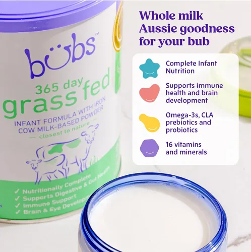 Vista 3 de Bubs Fórmula Infantil de 365 Días de Ganado Alimentado con Pasto con Hierro, Polvo a Base de Leche de Vaca para Bebés de 0-12 Meses, Hecha con Leche