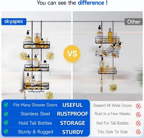 Vista 2 de Skyapex Organizador de ducha sobre la puerta: Estante de baño colgante sobre vidrio con ganchos - Estante de almacenamiento dentro del baño