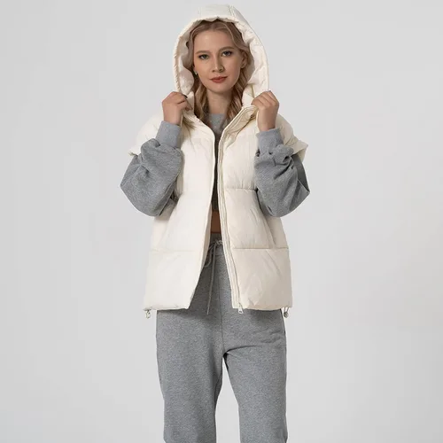 Vista 2 de Shiyifa Chaleco acolchado para mujer, chaqueta de gran tamaño, sin mangas, ligera, con cremallera, con capucha desmontable
